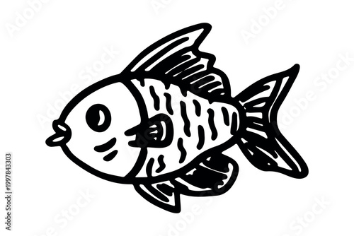 Hand drawn happy funny cute fish Adorable friendly kawaii tropical fish Underwater world sea life ocean Fishing seafood For design, kids print, kids books, nursery decor, coloring pages, logo