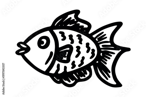 Hand drawn happy funny cute fish Adorable friendly kawaii tropical fish Underwater world sea life ocean Fishing seafood For design, kids print, kids books, nursery decor, coloring pages, logo