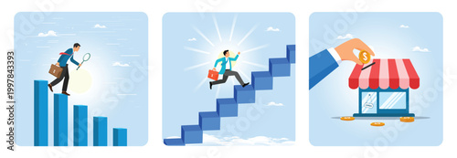 Financial downturn concept. Ladder of success. investment to open new shop.