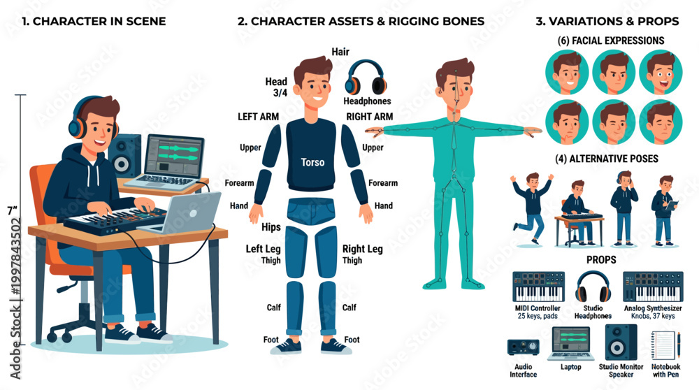 Naklejka premium Character in Scene, Character Assets, Rigging Bones, Variations, and Props for Animation.