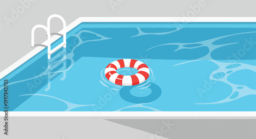 A red and white lifebuoy floating in a swimming pool