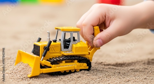 Child playing with a yellow toy bulldozer in a sandbox