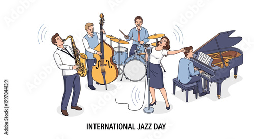 Vector illustration showcasing a vibrant jazz band performing on stage, with a saxophone player, pianist, drummer, bassist, and singer, against a clean background, radiating a soulful