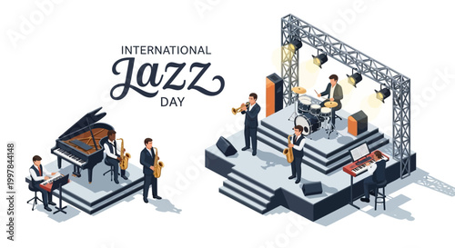 Isometric vector illustration featuring a jazz band performance on a brightly lit stage, with a piano and double bass on one side and a drummer, trumpeter, and saxophone player