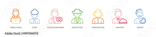 Contemporary Careers & Skills Icons set vector illustration outline color with FREELANCE , CHEF, PHOTOGRAPHER, DETECTIVE, FIREFIGHTER, WAITER, ARTIST
