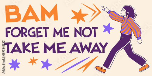 Illustration of a woman walking with text and graphic elements
