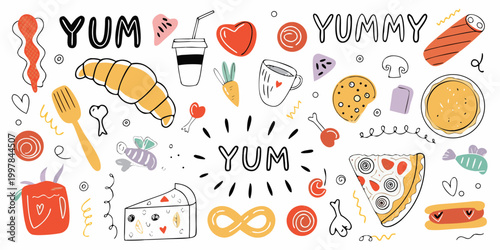 Food doodles collection playful hand drawn illustrations on white background