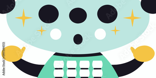 Mint green alien character with large eyes and smiling face