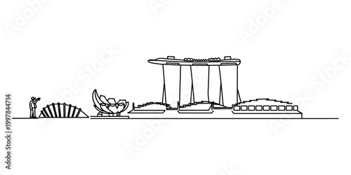 Minimalist continuous line drawing of the singapore city skyline landmarks featuring marina bay sands and artscience museum Vector, illustration