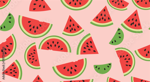 A vibrant pattern of watermelon slices on a pink background