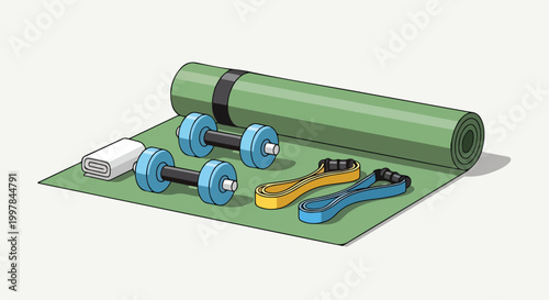 A green yoga mat with exercise equipment