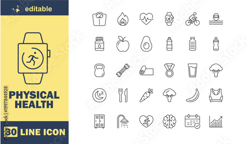 A collection of 30 line icons related to physical health and wellness