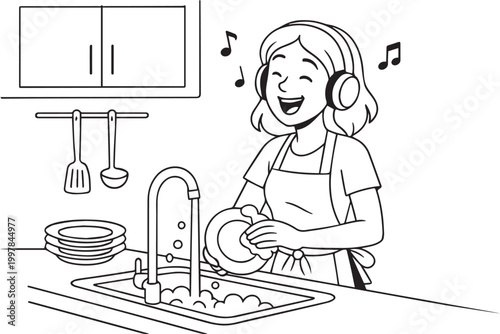A vector art of a young woman washing dishes while listening to music with headphones, smiling happily, turning a daily chore into a fun and relaxing moment.