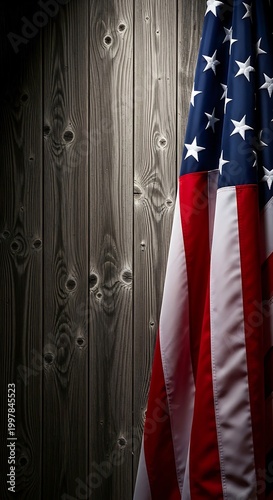American flag draped on rustic wooden door with vintage metal hinges and bolts