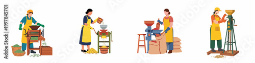 Flat vector illustration set of female workers operating agricultural and food processing machinery for harvesting and production.