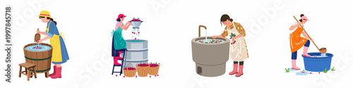 Illustrations of women washing and processing fresh cherries in different containers, representing rural farm work and harvest activities.