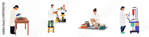 Flat vector illustration set of professional scientists conducting laboratory research and quality control on coffee beans and agricultural products in a lab.