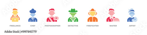Versatile Careers Icons set vector illustration glyph color with FREELANCE , CHEF, PHOTOGRAPHER, DETECTIVE, FIREFIGHTER, WAITER, ARTIST