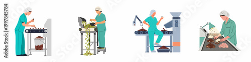 Collection of flat illustrations showing diverse workers in a food processing factory operating conveyor belts and performing quality control checks.