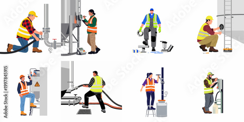 Set of industrial workers performing maintenance and operational tasks on factory equipment, tanks, and piping systems wearing safety gear and high-visibility vests.