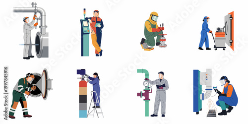 Set of industrial workers performing maintenance and inspection tasks in various protective gear and uniforms, flat vector illustration.