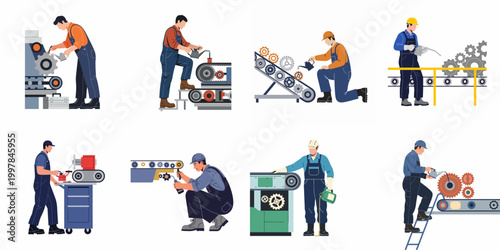 Set of industrial workers performing machinery maintenance and lubrication tasks in a factory setting, flat vector illustration.