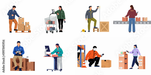 Vector illustrations of warehouse personnel engaged in logistics operations, barcode scanning, order fulfillment, and package handling for efficient supply chain management.