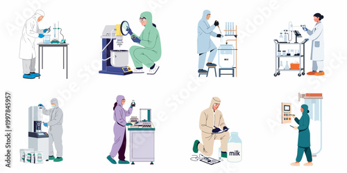 Illustration of scientists and lab technicians in protective suits working on food quality control and dairy product research in a laboratory environment.