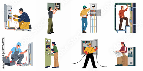 Set of diverse male and female electricians and technicians working on electrical panels, control systems, and wiring in industrial settings.