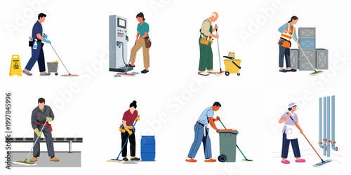 Collection of industrial cleaning staff, men and women, mopping floors in factory, warehouse, and commercial settings with professional equipment.