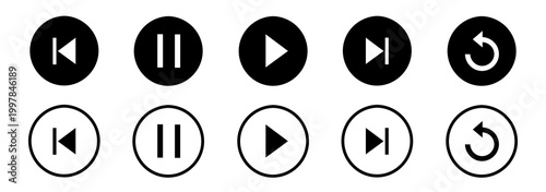 Fotografie Play, pause, rewind, previous track, and next track icons