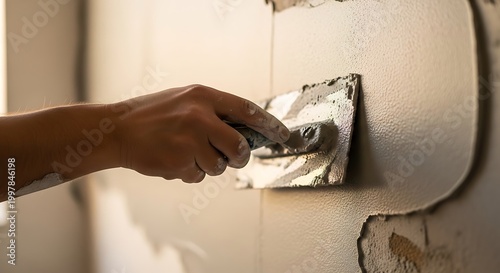 hand applying plaster on wall with a metal trowel for renovation