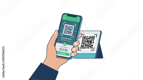Hand holding smartphone with QR code.