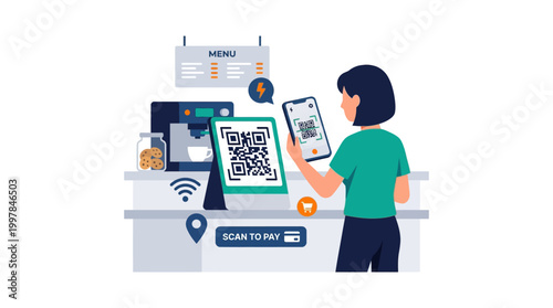 Woman using mobile phone with QR.