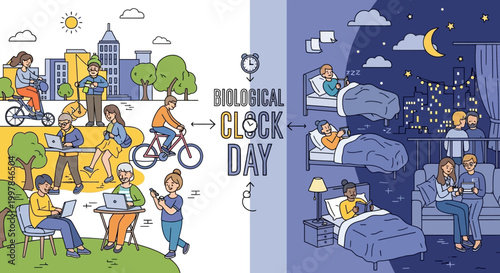 Split-screen graphic art showcases Biological Clock Day, with the left side depicting people enjoying outdoor activities during daylight and the right side shows them sleeping or relaxing