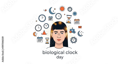 An illustration depicts a person surrounded by clocks, calendars, and celestial bodies, highlighting the concept of a biological clock and circadian rhythm against a clean white background