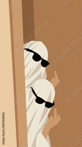 Two figures wearing white sheets and sunglasses peek from behind a wall while showing middle fingers.