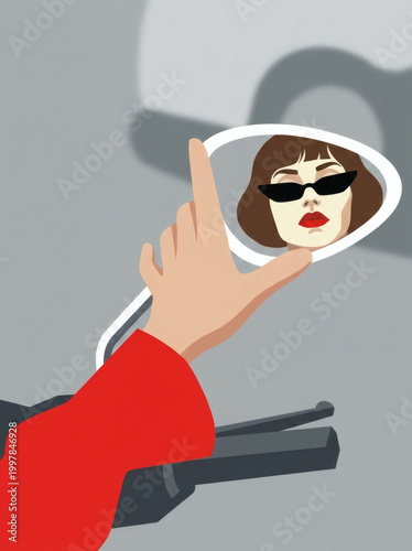 A stylish hand in a red sleeve holds a motorcycle mirror, reflecting a woman in cat-eye sunglasses.