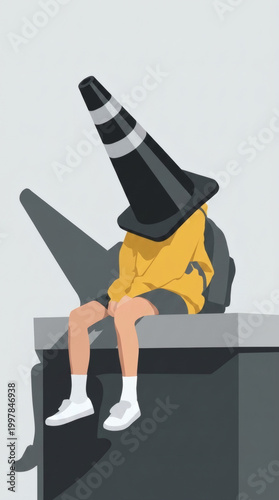 Person with a traffic cone head sits on a ledge with a backpack, in a minimal, flat art style.