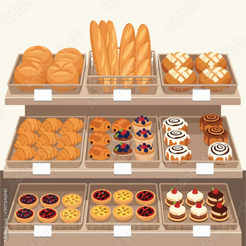 Fotografía A bakery display with various sweet and savory pastries