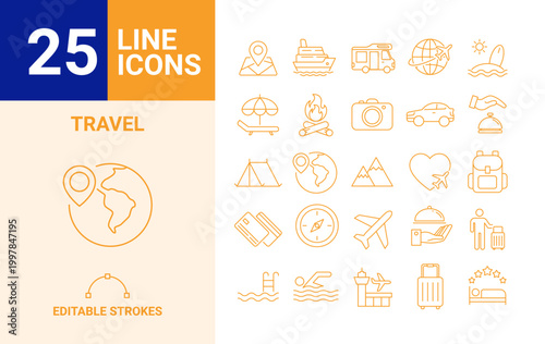 25 travel line icons set editable vector design