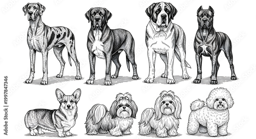 Obraz premium Group of Various Large and Small Dog Breeds Black and White Illustration
