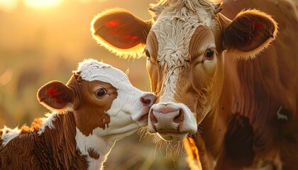 A cow and calf in a field at sunset