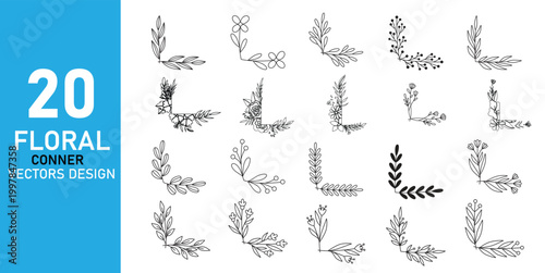 Minimal Floral Corner Set Hand Drawn Botanical Line Art Vectors
