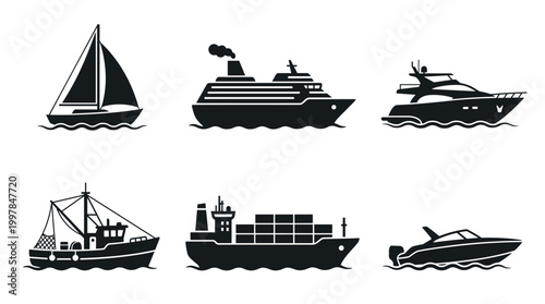 Maritime vessels in motion coastal waters graphic illustration nautical environment aerial view transportation concept