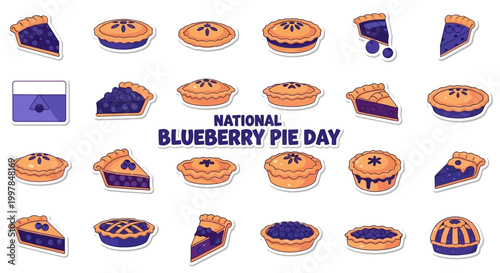 Overhead vector illustration celebrating National Blueberry Pie Day with several whole and sliced homemade blueberry pies, displaying golden crusts against a clean white background