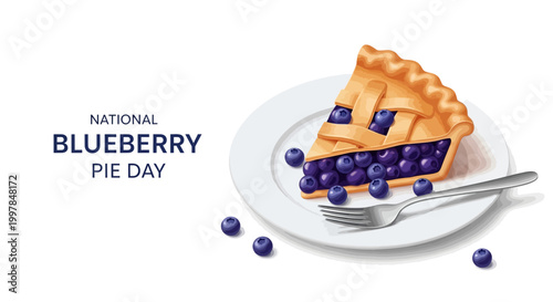 Delicious homemade blueberry pie slice served on a white plate with a fork, commemorating National Blueberry Pie Day, presented as a delightful dessert illustration against a clean, bright