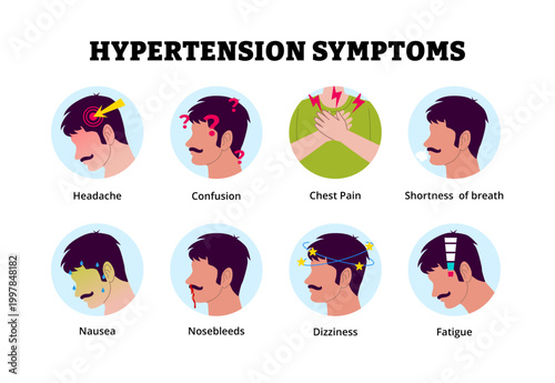 Hypertension symptoms icon. Labeled man headache confusion chest pain, shortness of breath, nausea, nosebleeds, dizziness fatigue. Medical science educational illustration. High blood pressure.