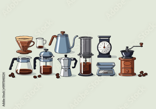 Canvas Print Various coffee brewing methods and equipment illustrated