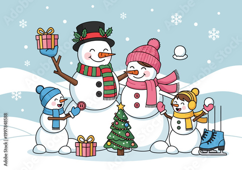 A cheerful winter scene with a family of snowmen celebrating the holidays with gifts and a decorated Christmas tree
